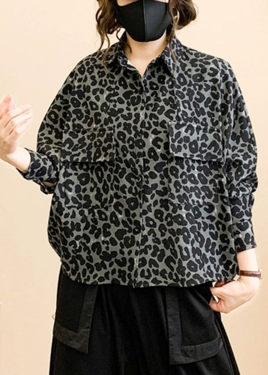 Grey Leopard Print Button Patchwork Cotton Coat Fall