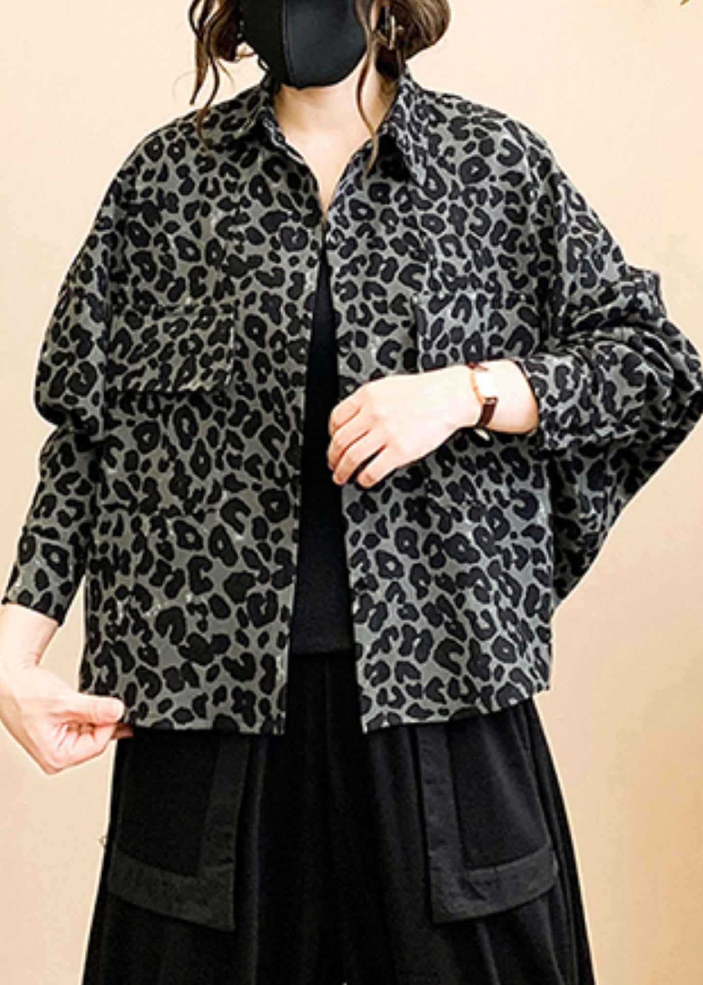 Grey Leopard Print Button Patchwork Cotton Coat Fall