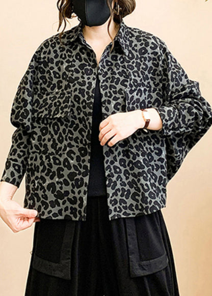 Grey Leopard Print Button Patchwork Cotton Coat Fall