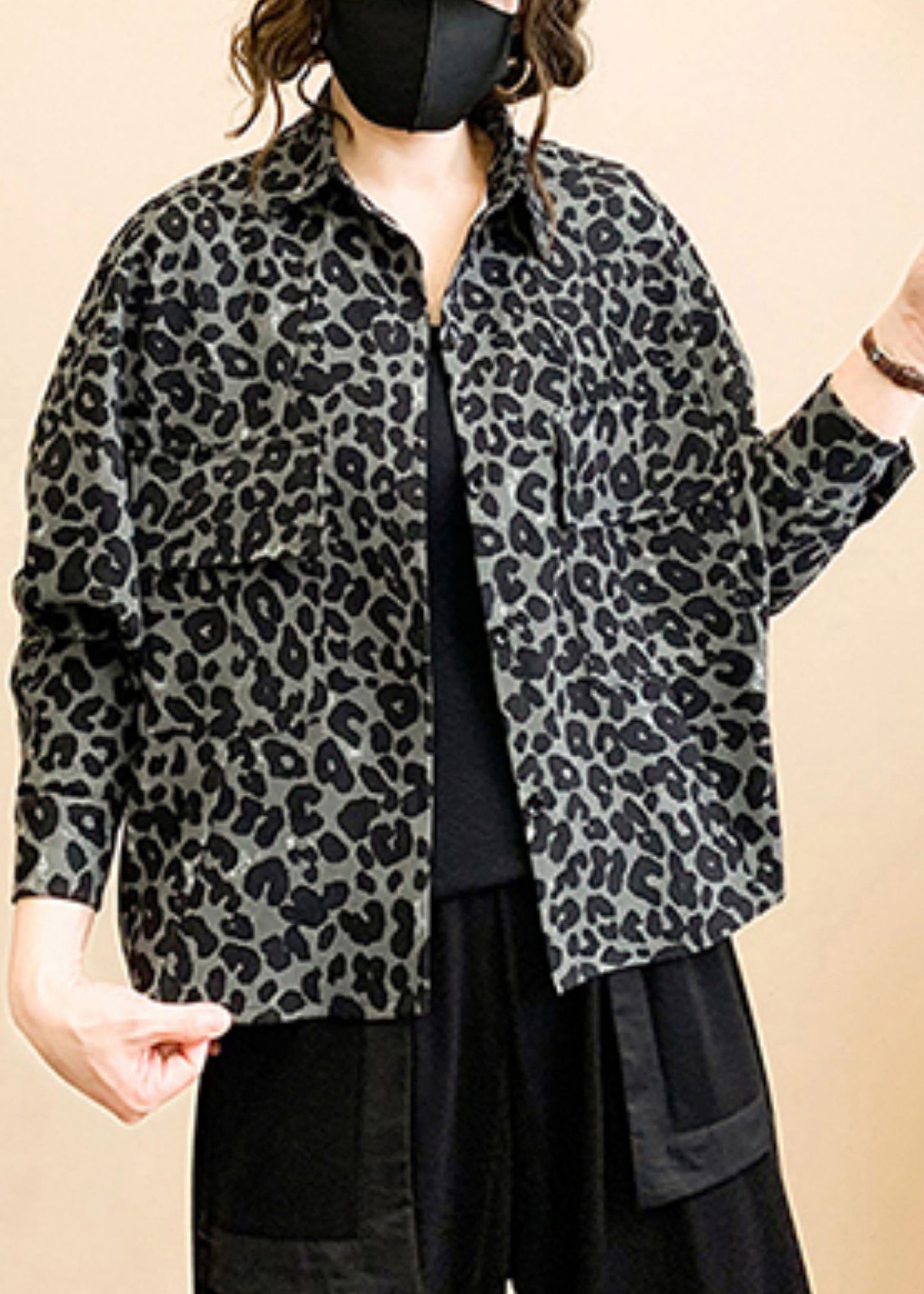 Grey Leopard Print Button Patchwork Cotton Coat Fall
