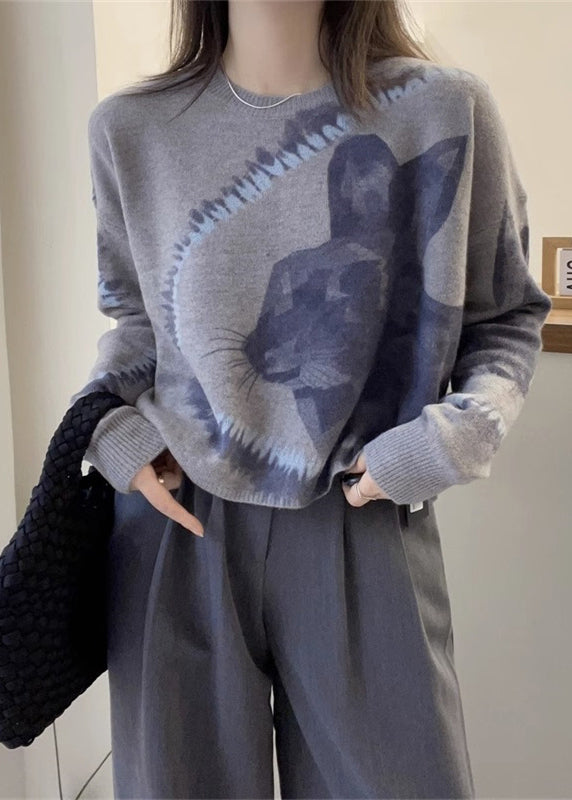 Grey O Neck Animal Print Thick Woolen Sweaters Fall