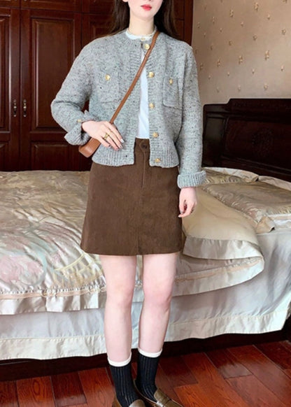 Grey O Neck Button Knit Short Sweater Cardigan Fall