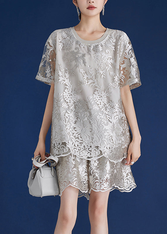 Grey O-neck Embroidered Lace Top and Shorts Two Piece Set Short Sleeve