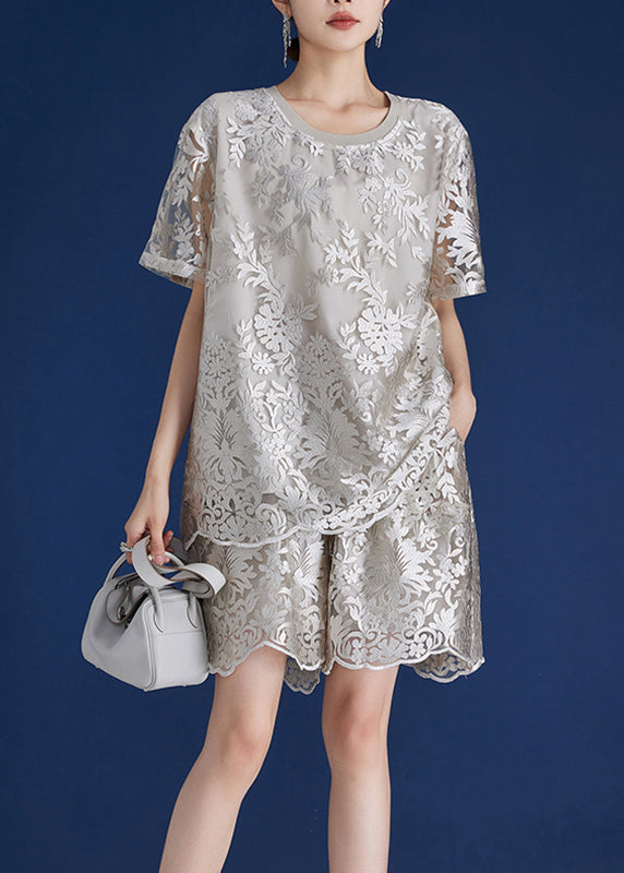 Grey O-neck Embroidered Lace Top and Shorts Two Piece Set Short Sleeve