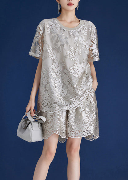 Grey O-neck Embroidered Lace Top and Shorts Two Piece Set Short Sleeve