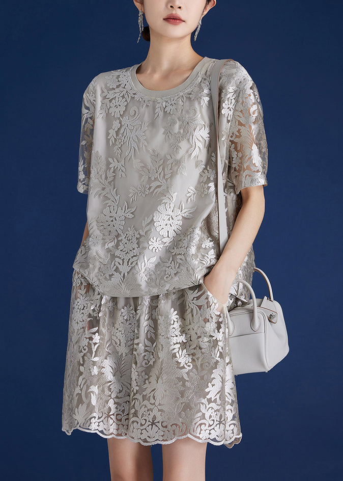 Grey O-neck Embroidered Lace Top and Shorts Two Piece Set Short Sleeve