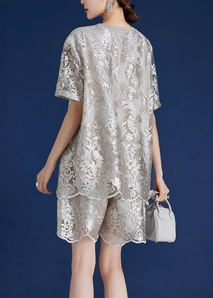 Grey O-neck Embroidered Lace Top and Shorts Two Piece Set Short Sleeve