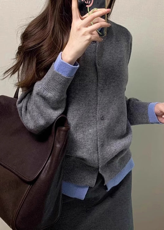 Grey O Neck False Two Pieces Knit Cardigan Spring