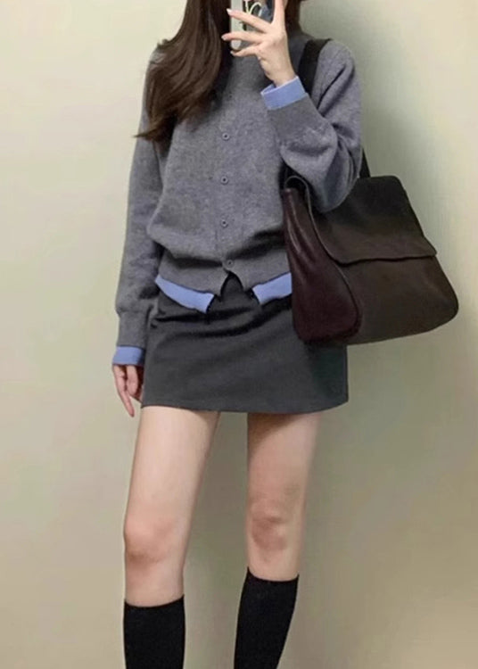 Grey O Neck False Two Pieces Knit Cardigan Spring