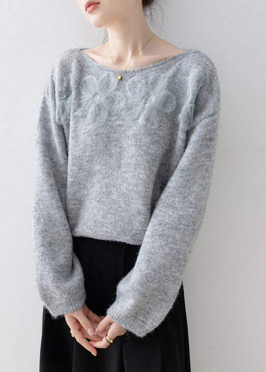 Grey O Neck Sequins Knitted Sweaters Spring