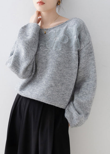 Grey O Neck Sequins Knitted Sweaters Spring