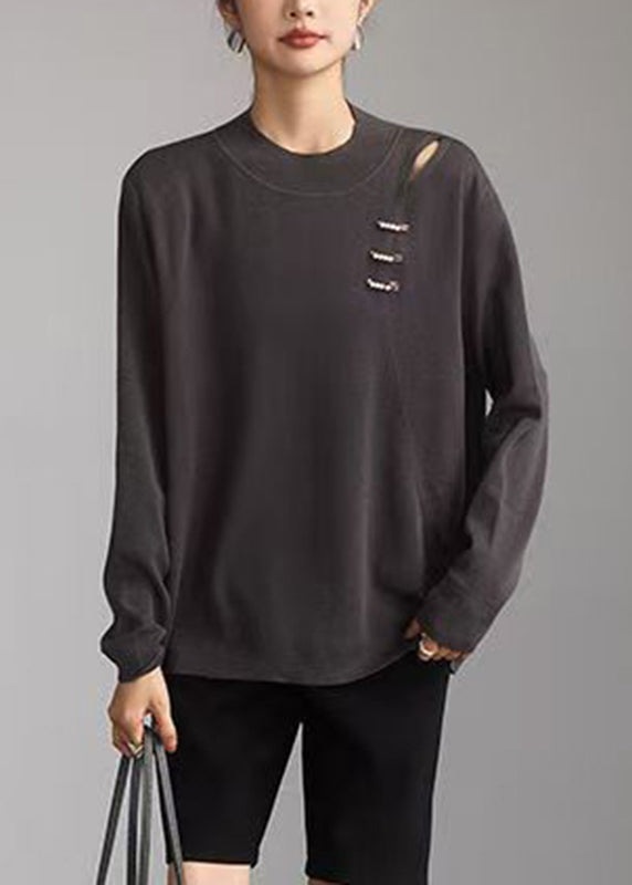Grey O-neck Hollow Out Knit Top Spring