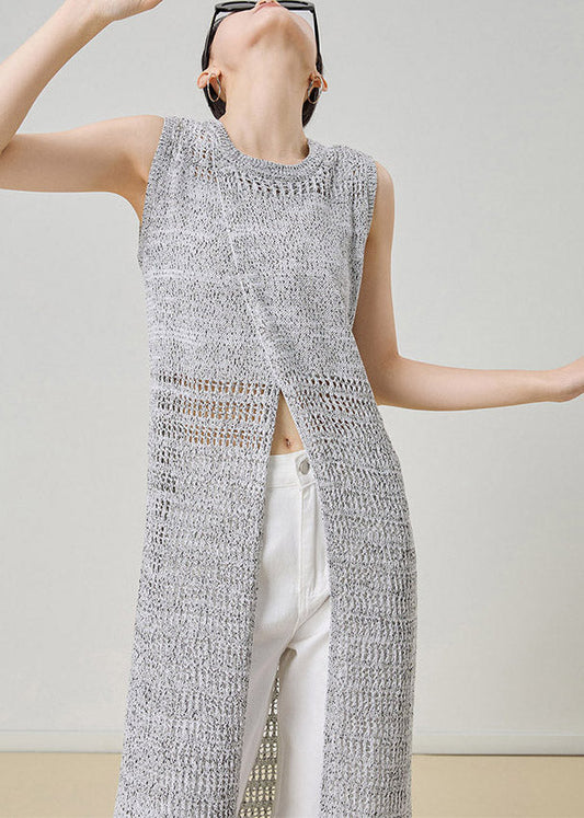 Grey O-neck Hollow Out Long Knit Cardigans Sleeveless