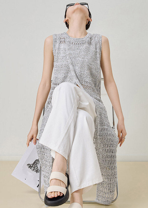 Grey O-neck Hollow Out Long Knit Cardigans Sleeveless