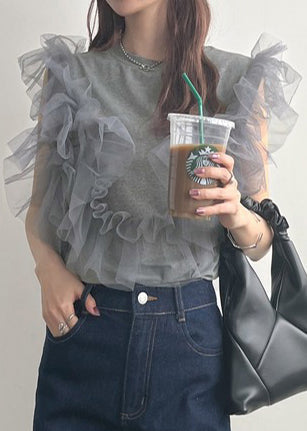 Grey O-neck Patchwork Tulle Vest Tops Summer
