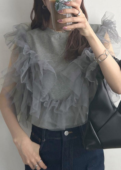Grey O-neck Patchwork Tulle Vest Tops Summer
