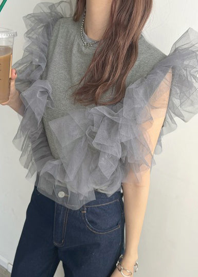 Grey O-neck Patchwork Tulle Vest Tops Summer