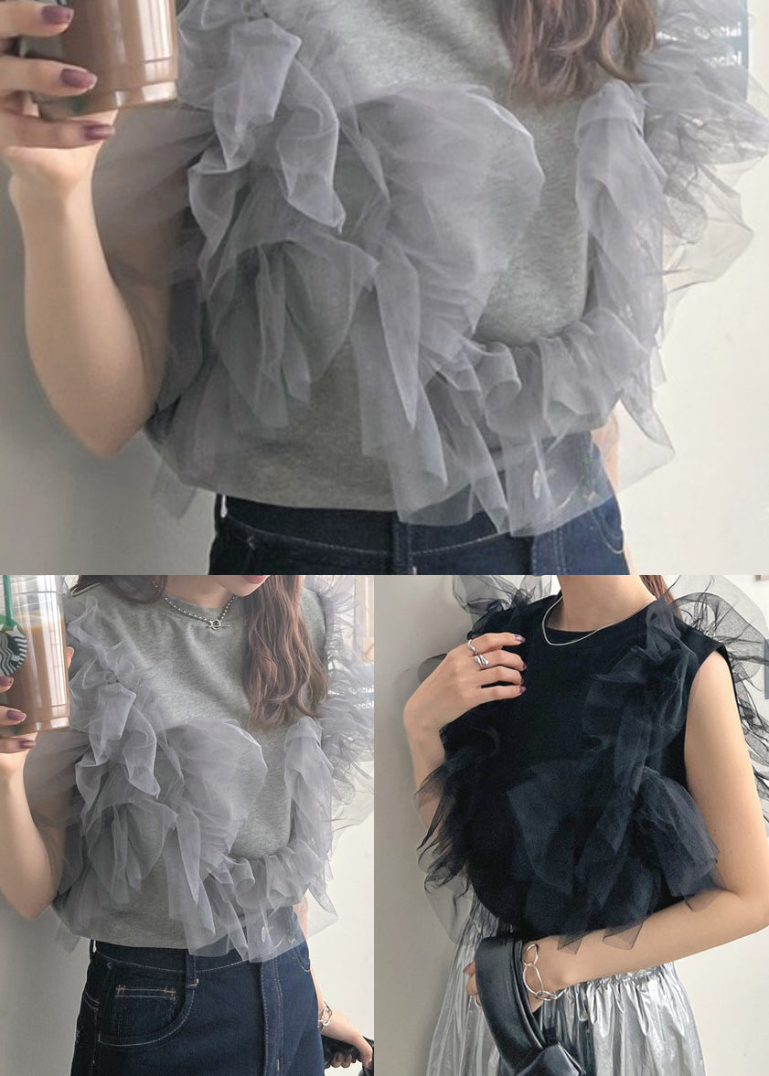 Grey O-neck Patchwork Tulle Vest Tops Summer