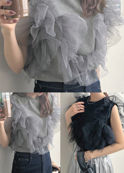 Grey O-neck Patchwork Tulle Vest Tops Summer