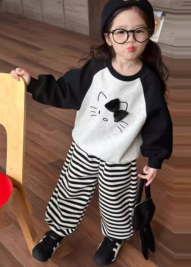 Grey O-neck Striped Sweatshirt and Lantern Pants Two Piece Set Spring