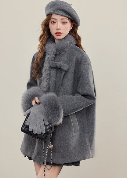 Grey Oversized Patchwork Faux Fur Wool Trench Winter
