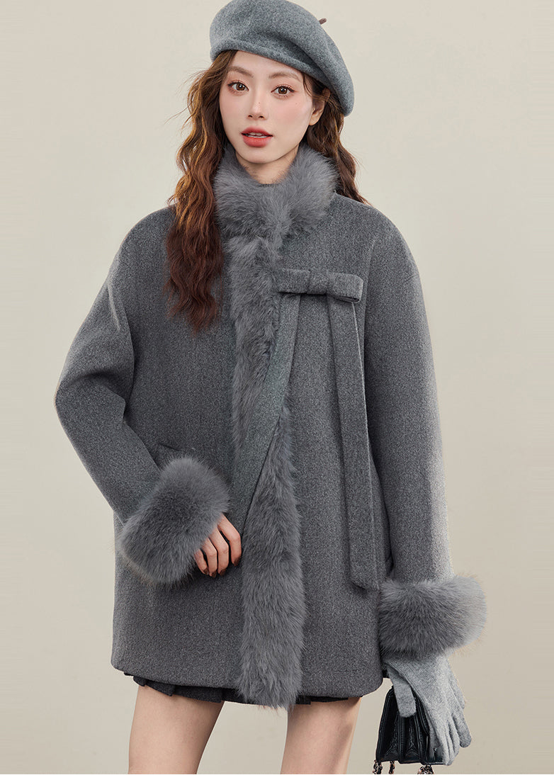 Grey Oversized Patchwork Faux Fur Wool Trench Winter