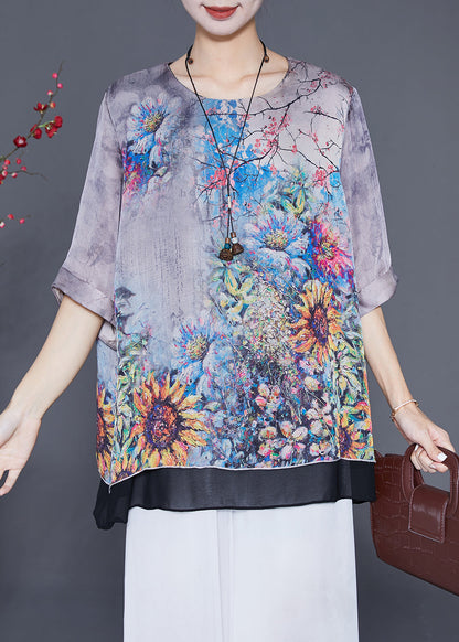 Grey Oversized Patchwork Print Silk Shirts Summer