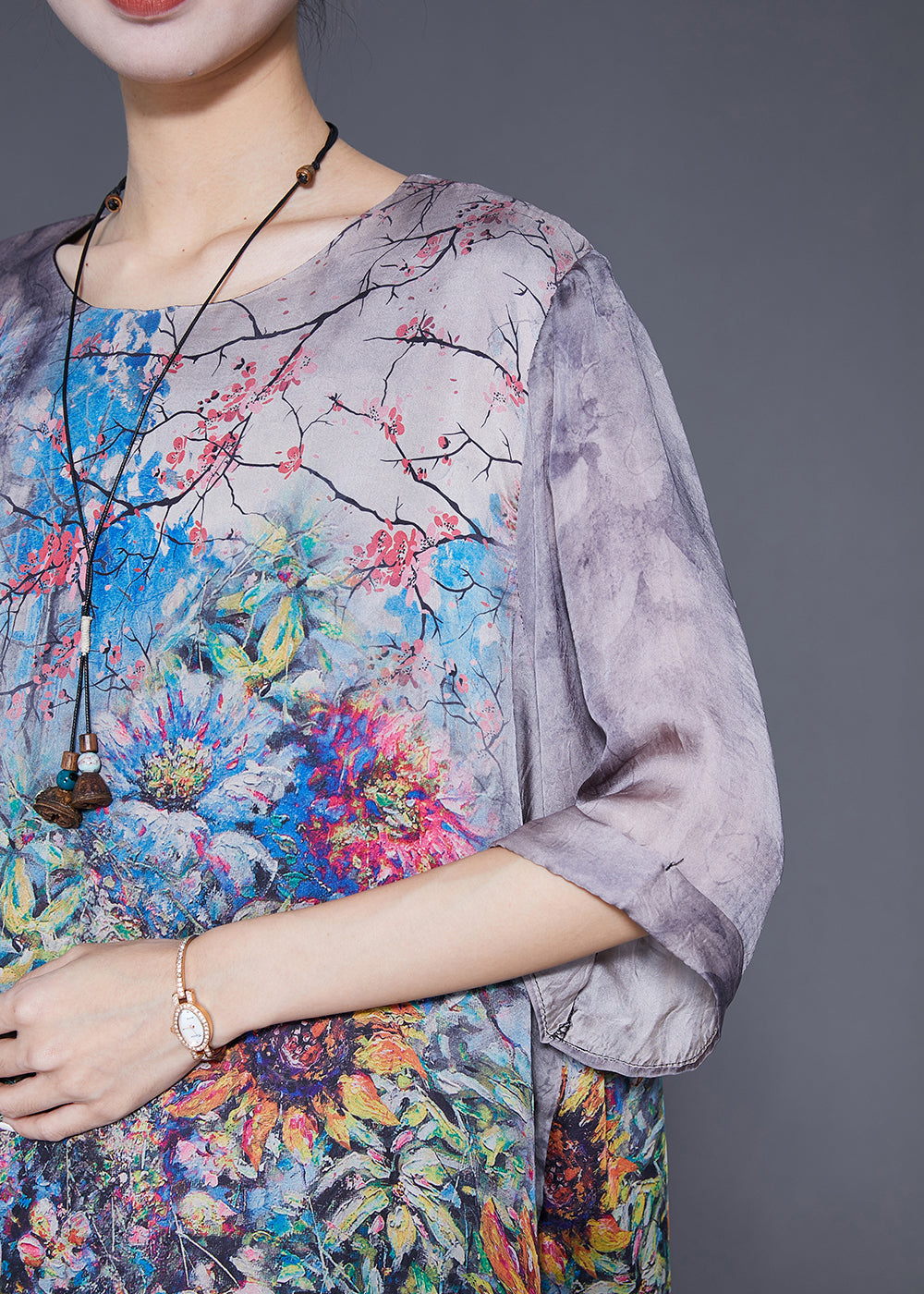 Grey Oversized Patchwork Print Silk Shirts Summer