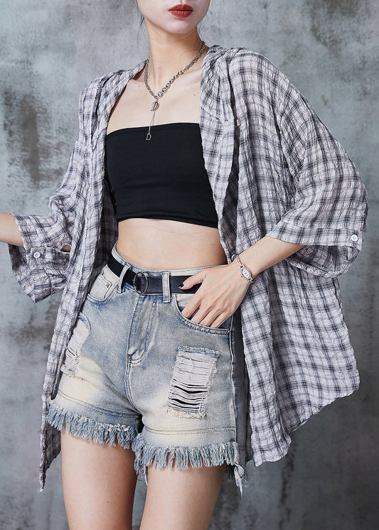 Grey Oversized Plaid Cotton Shirt Summer