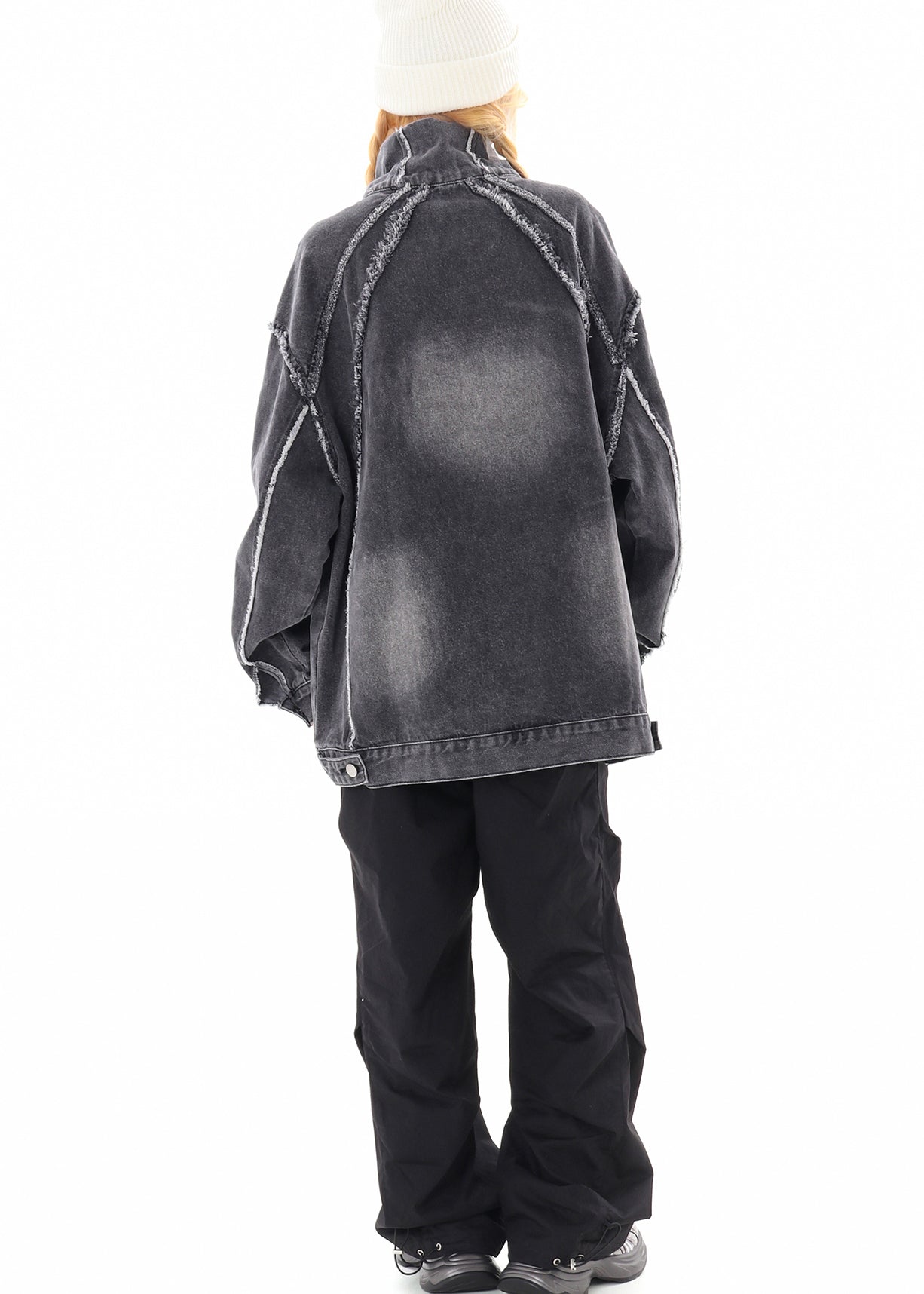 Grey Oversized Stand Collar Embroidered Denim Pullover Coats Spring