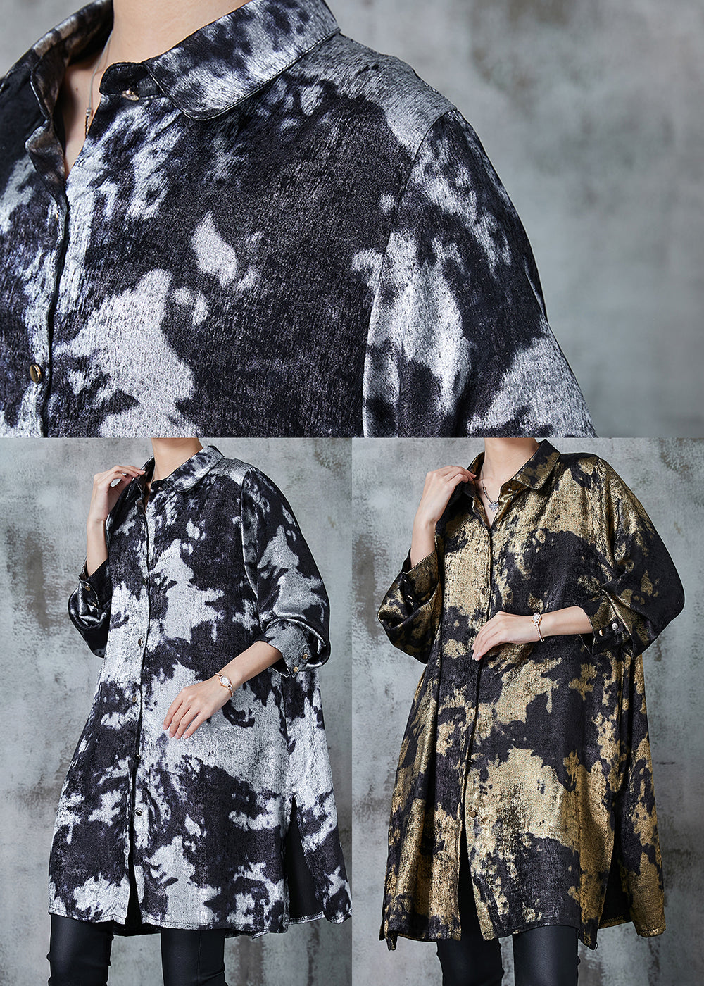 Grey Oversized Tie Dye Silk Printing Shirt Dress Fall