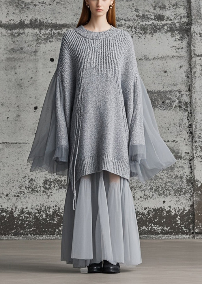 Grey Patchwork Tulle Knitted Dress Oversized Batwing Sleeve