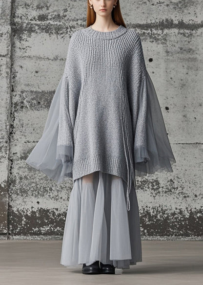 Grey Patchwork Tulle Knitted Dress Oversized Batwing Sleeve