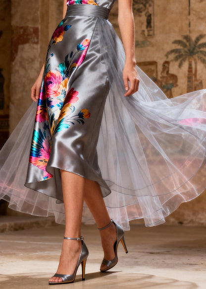 Grey Patchwork Tulle Print Cami Dress Summer
