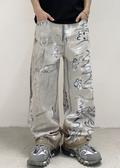 Grey Pockets Tie Dye Cotton Denim Pants Fall