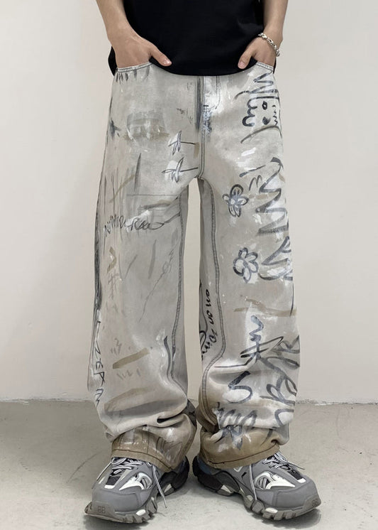 Grey Pockets Tie Dye Cotton Denim Pants Fall