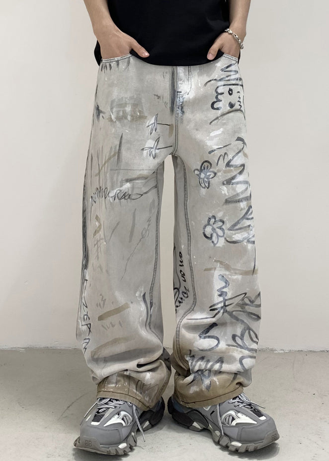 Grey Pockets Tie Dye Cotton Denim Pants Fall