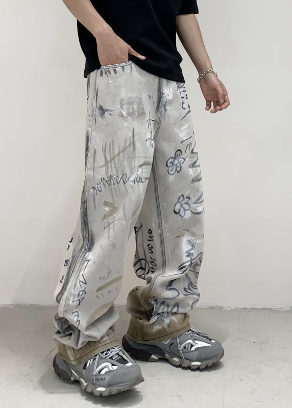 Grey Pockets Tie Dye Cotton Denim Pants Fall