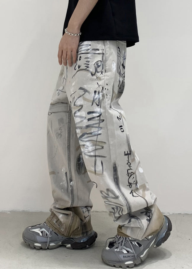 Grey Pockets Tie Dye Cotton Denim Pants Fall