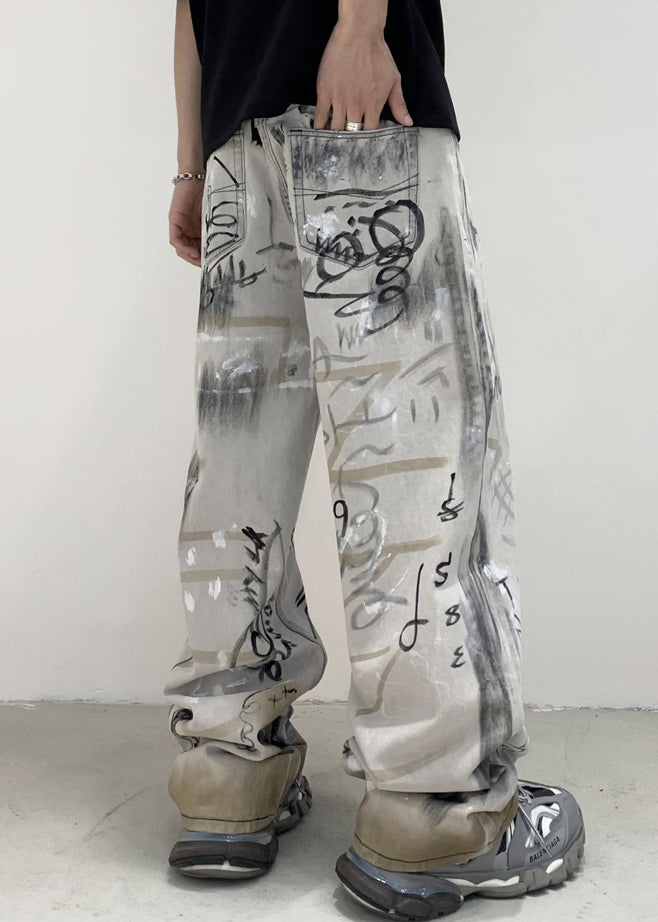 Grey Pockets Tie Dye Cotton Denim Pants Fall