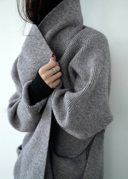 Grey Pockets Tie Waist Knit Loose Cardigans Spring Winter