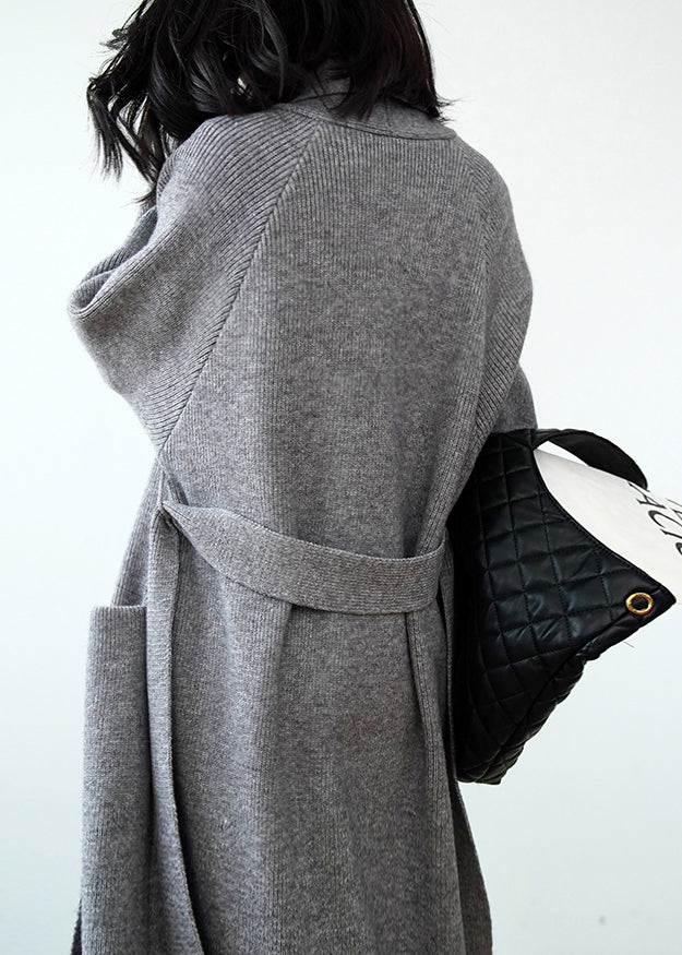 Grey Pockets Tie Waist Knit Loose Cardigans Spring Winter