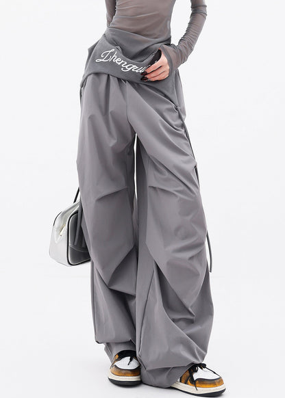 Grey Pockets Wrinkled Cotton Wide Leg Pants Fall