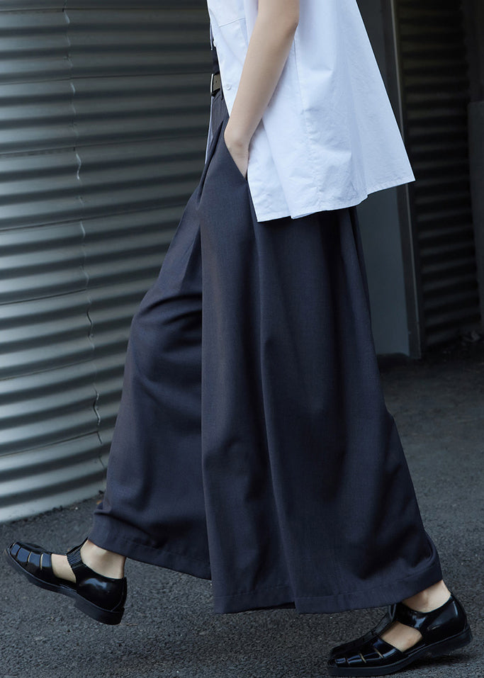 Grey Pockets Wrinkled High Waist Patchwork Cotton Pants Skirt Fall