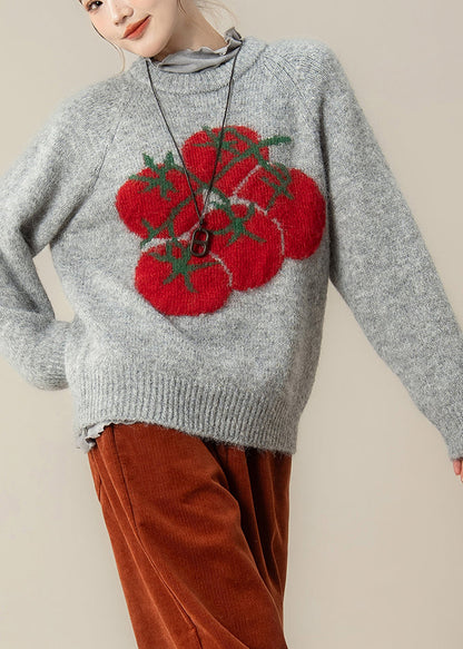 Grey Print Chunky Oversized Knitted Tops Winter