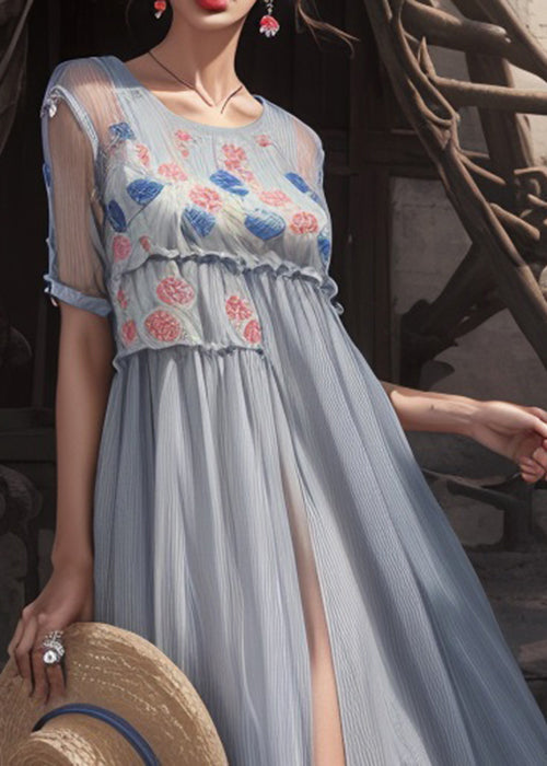 Grey Print Side Open Cotton Long Dresses Summer