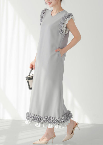 Grey Ruffled Patchwork Pearl Decorated Straight Dress Sleeveless