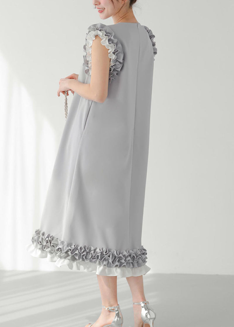 Grey Ruffled Patchwork Pearl Decorated Straight Dress Sleeveless