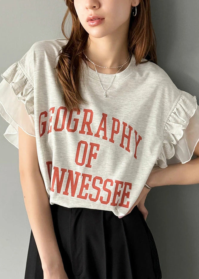 Grey Ruffled Patchwork Print Cotton Tops Summer