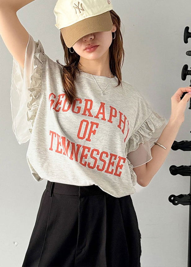 Grey Ruffled Patchwork Print Cotton Tops Summer
